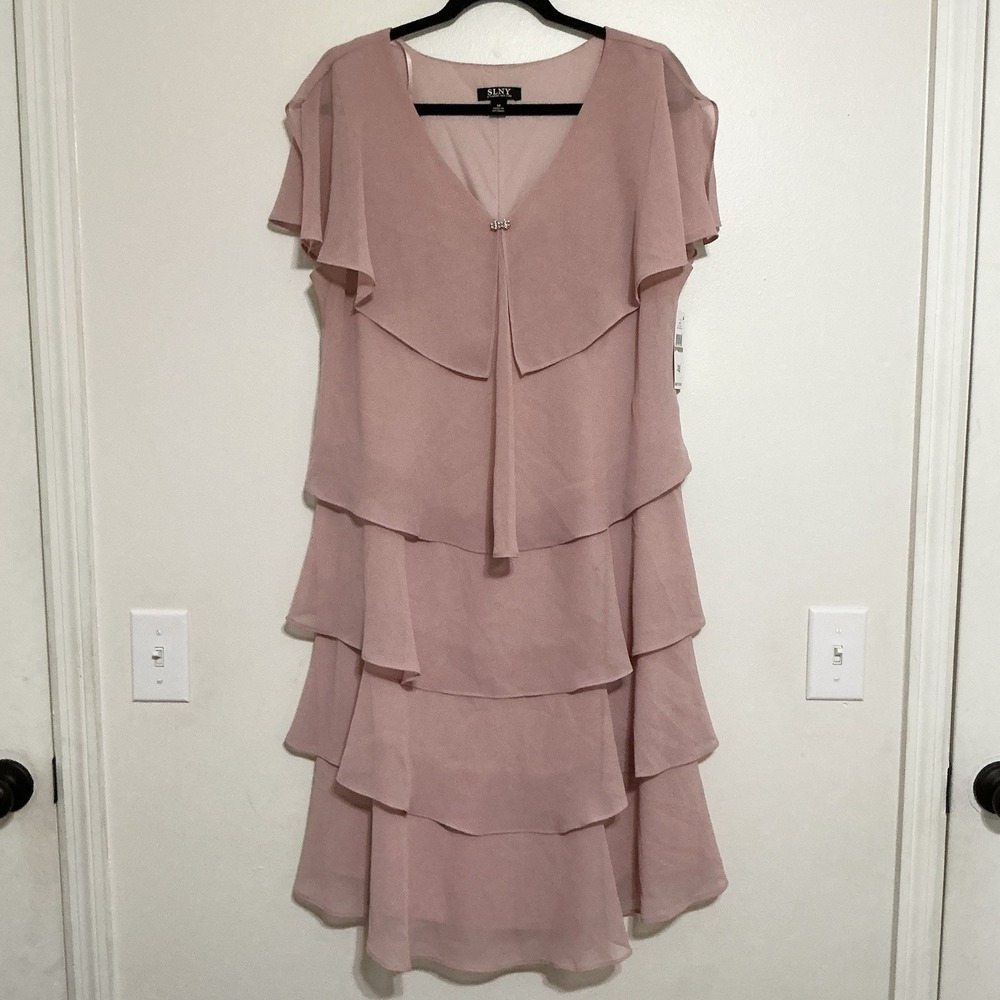 SLNY Tiered Ruffle Midi Dress Women's 18 Faded‎ Rose Flutter Sleeve Wedding